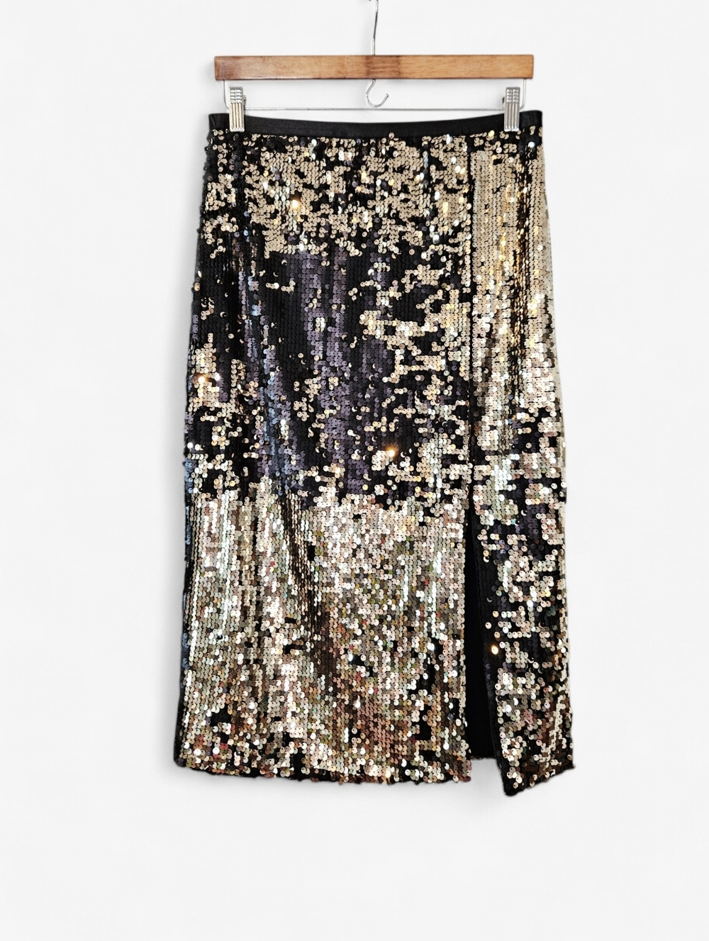 NWT Nine West Metallic Gold Two Tone Sequined Leg Slit Midi Straight Skirt M